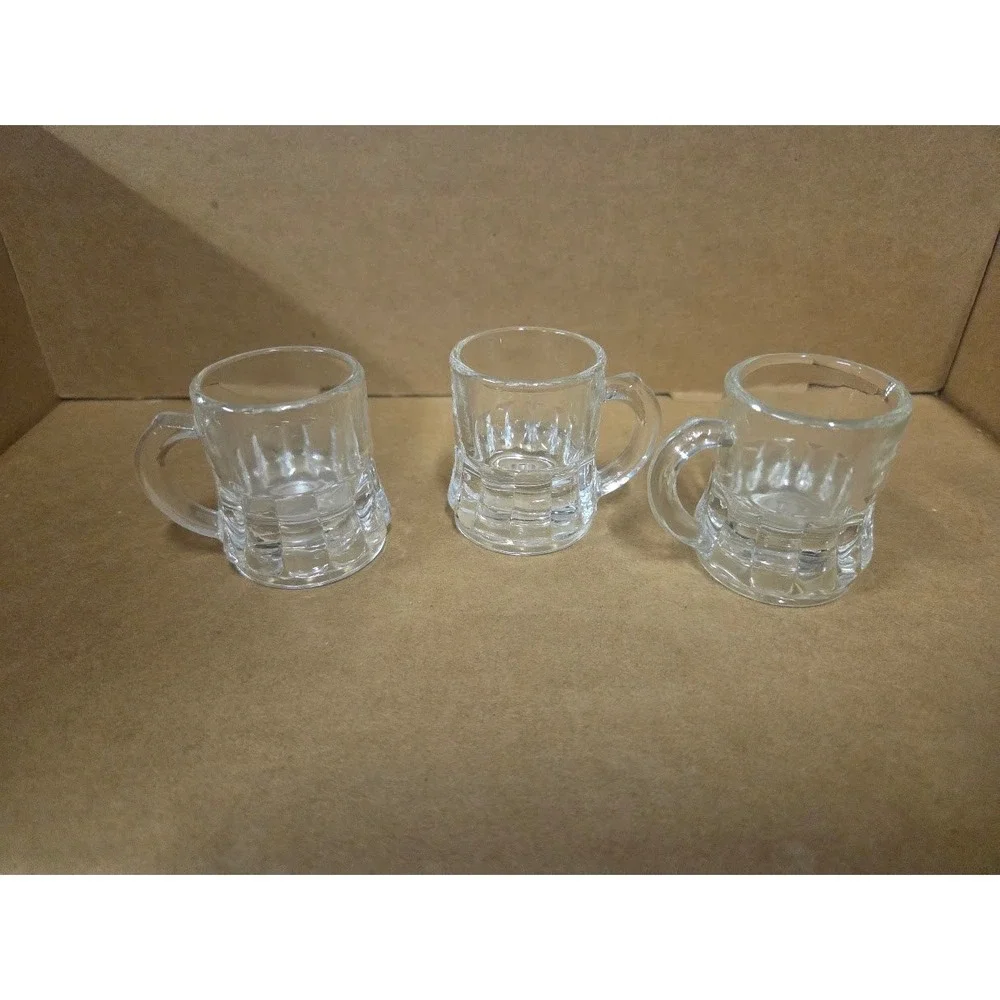 Set of 3 Federal Glass Mini Beer Mug Shot Glasses Clear Paneled 2 Inch Vintage